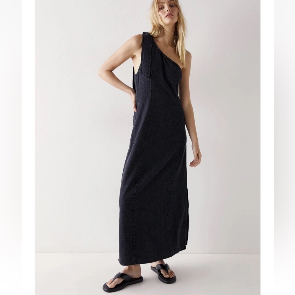 Warehouse one shoulder tie miss black chambray maxi dress size 10